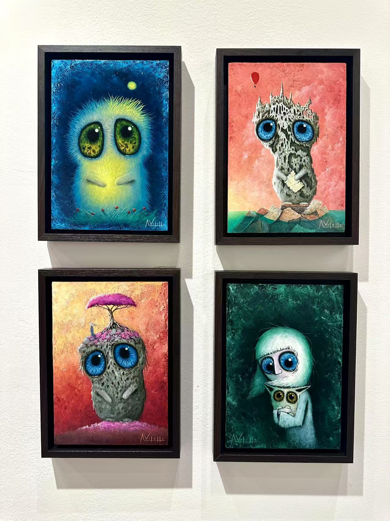 August Vilella — Four signature creature portraits in oil on wood panel